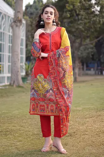 cotton red lace work pakistani straight kurta trouser dupatta set