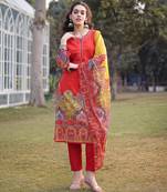 cotton red lace work pakistani straight kurta trouser dupatta set