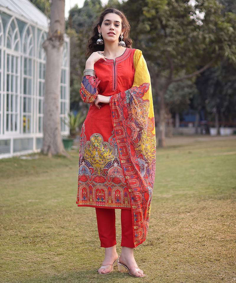 cotton red lace work pakistani straight kurta trouser dupatta set