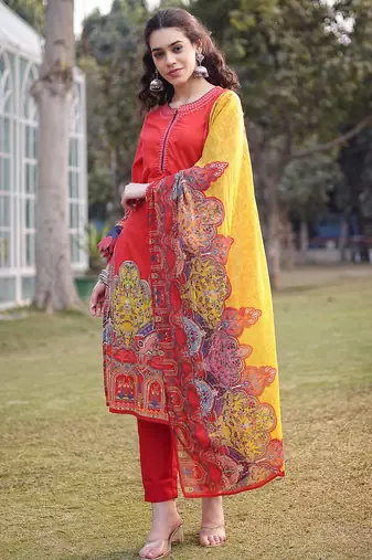 cotton red lace work pakistani straight kurta trouser dupatta set