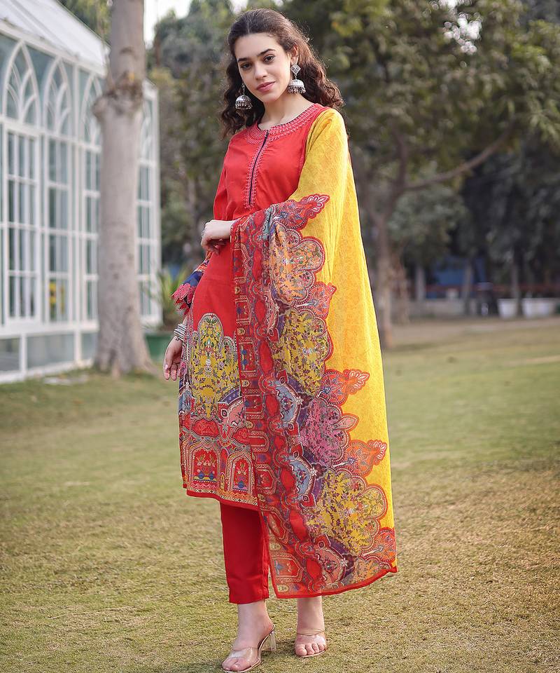 cotton red lace work pakistani straight kurta trouser dupatta set