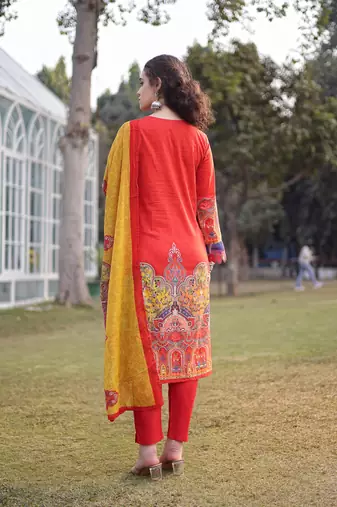 cotton red lace work pakistani straight kurta trouser dupatta set