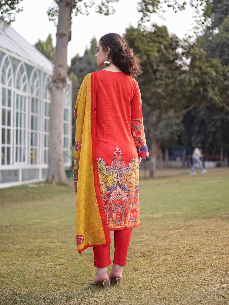 cotton red lace work pakistani straight kurta trouser dupatta set