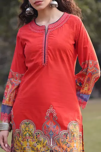 cotton red lace work pakistani straight kurta trouser dupatta set