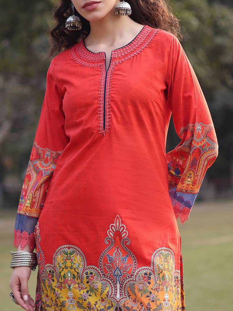 cotton red lace work pakistani straight kurta trouser dupatta set