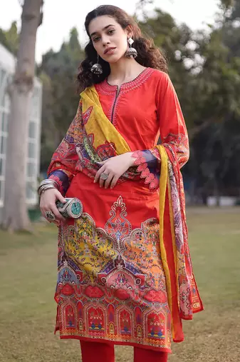 cotton red lace work pakistani straight kurta trouser dupatta set