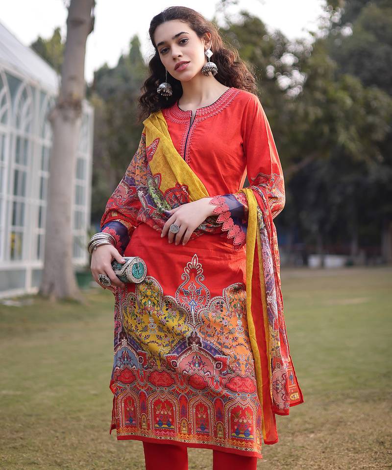cotton red lace work pakistani straight kurta trouser dupatta set