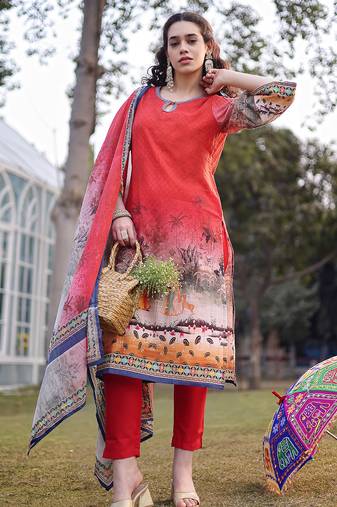 red cotton lace work pakistani straight kurta trouser dupatta set