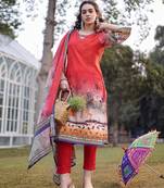 red cotton lace work pakistani straight kurta trouser dupatta set
