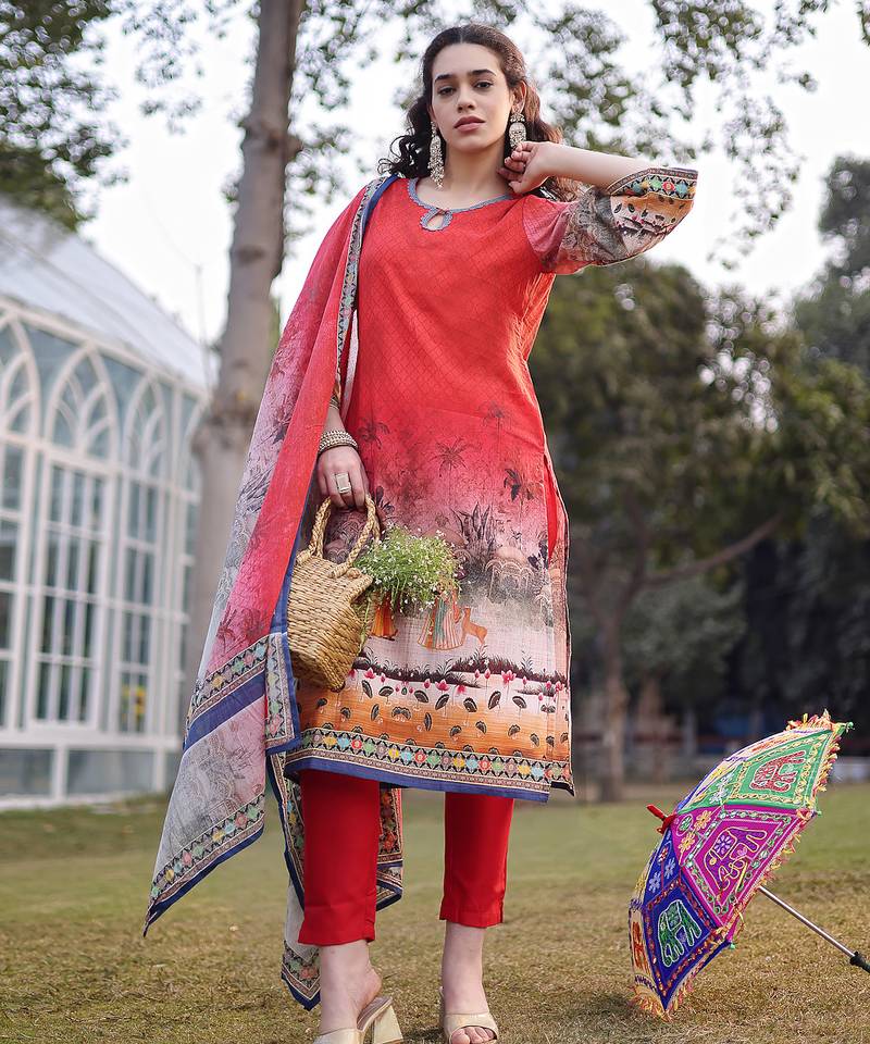 red cotton lace work pakistani straight kurta trouser dupatta set