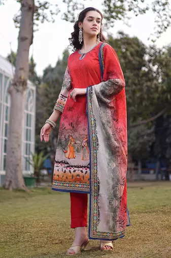 red cotton lace work pakistani straight kurta trouser dupatta set
