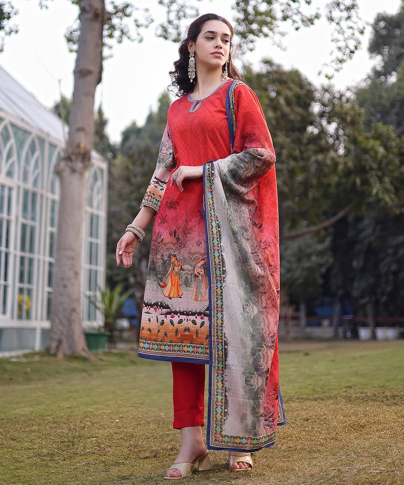 red cotton lace work pakistani straight kurta trouser dupatta set