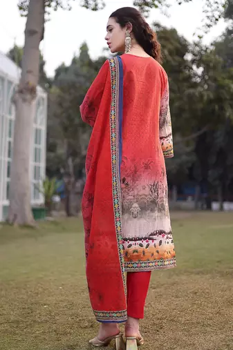 red cotton lace work pakistani straight kurta trouser dupatta set