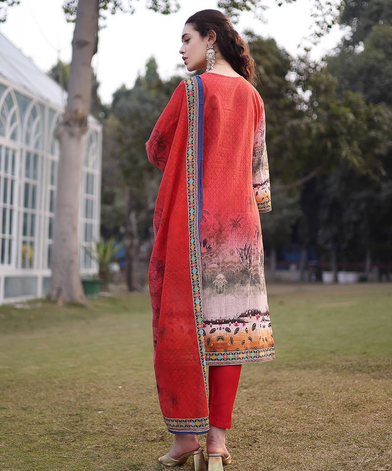 red cotton lace work pakistani straight kurta trouser dupatta set