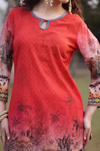 red cotton lace work pakistani straight kurta trouser dupatta set