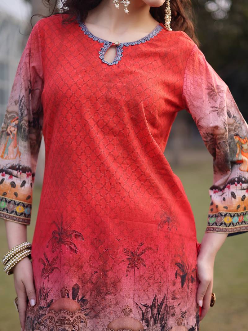 red cotton lace work pakistani straight kurta trouser dupatta set