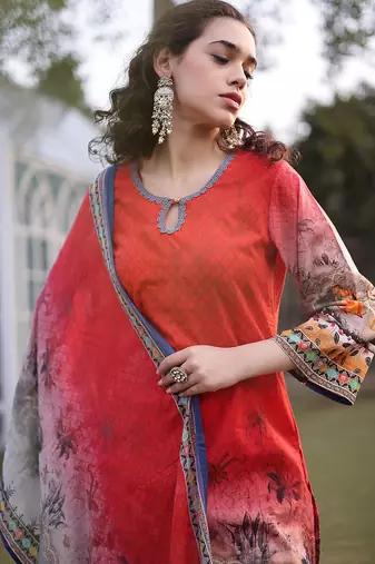 red cotton lace work pakistani straight kurta trouser dupatta set