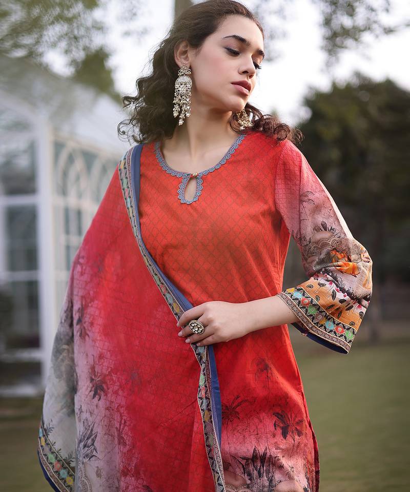 red cotton lace work pakistani straight kurta trouser dupatta set