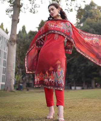 red cotton beads and stones pakistani straight kurta trouser dupatta set 1