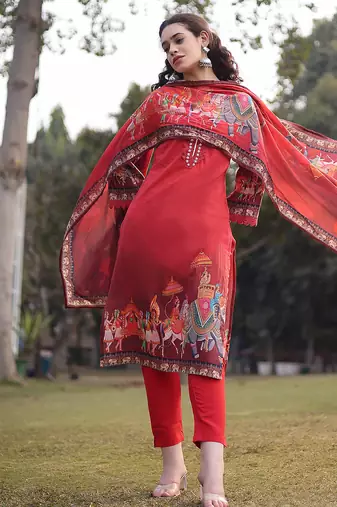 red cotton beads and stones pakistani straight kurta trouser dupatta set