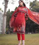 red cotton beads and stones pakistani straight kurta trouser dupatta set