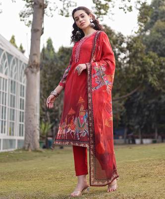 red cotton beads and stones pakistani straight kurta trouser dupatta set 2