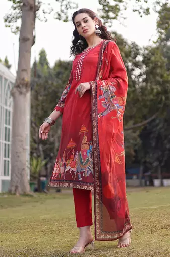 red cotton beads and stones pakistani straight kurta trouser dupatta set