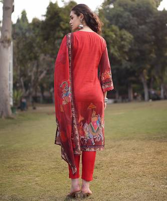 red cotton beads and stones pakistani straight kurta trouser dupatta set 3