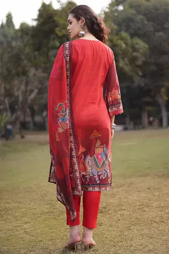 red cotton beads and stones pakistani straight kurta trouser dupatta set