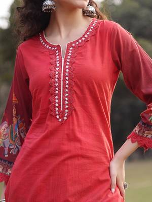 red cotton beads and stones pakistani straight kurta trouser dupatta set 4