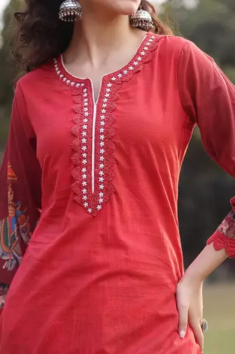 red cotton beads and stones pakistani straight kurta trouser dupatta set
