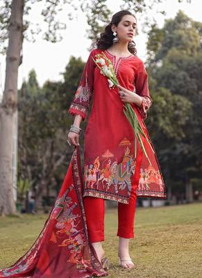 red cotton beads and stones pakistani straight kurta trouser dupatta set 5