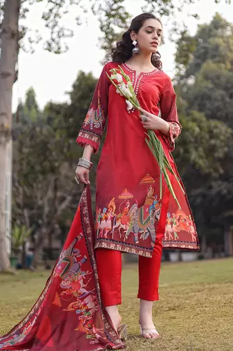 red cotton beads and stones pakistani straight kurta trouser dupatta set