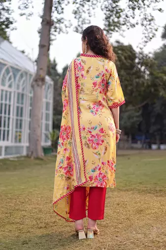 yellow floral print lensing straight kurta trouser dupatta set