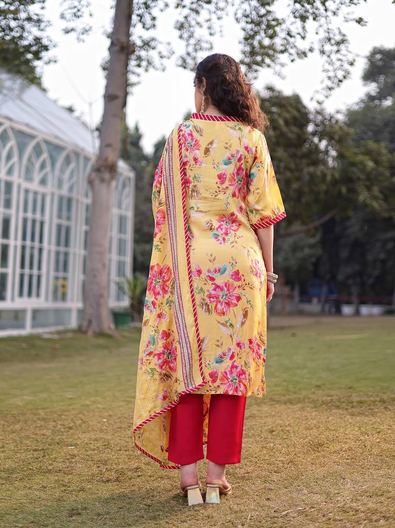 yellow floral print lensing straight kurta trouser dupatta set