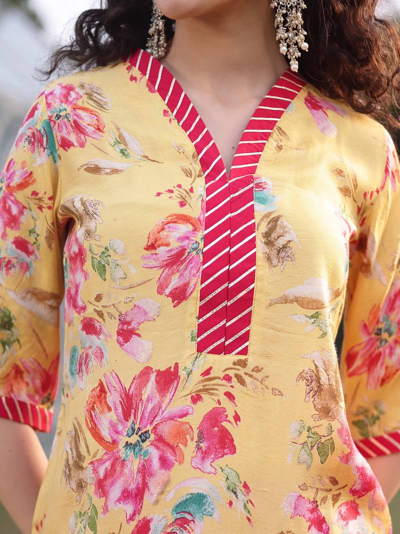 yellow floral print lensing straight kurta trouser dupatta set