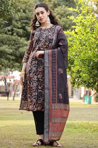 black floral print lilen a line have a lining kurta trouser dupatta set