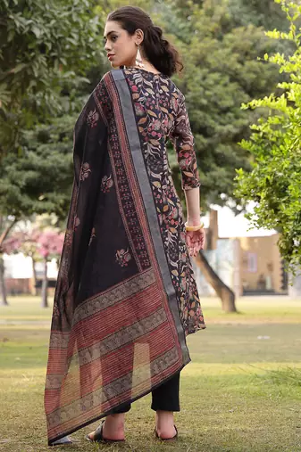 black floral print lilen a line have a lining kurta trouser dupatta set
