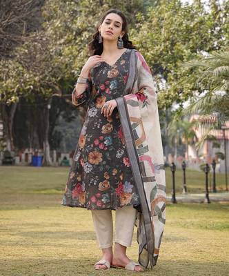 military green floral print lilen a line have a lining kurta trouser dupatta set 1