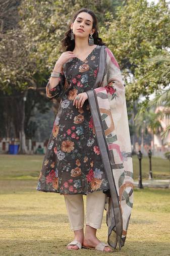 military green floral print lilen a line have a lining kurta trouser dupatta set
