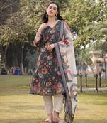 military green floral print lilen a line have a lining kurta trouser dupatta set