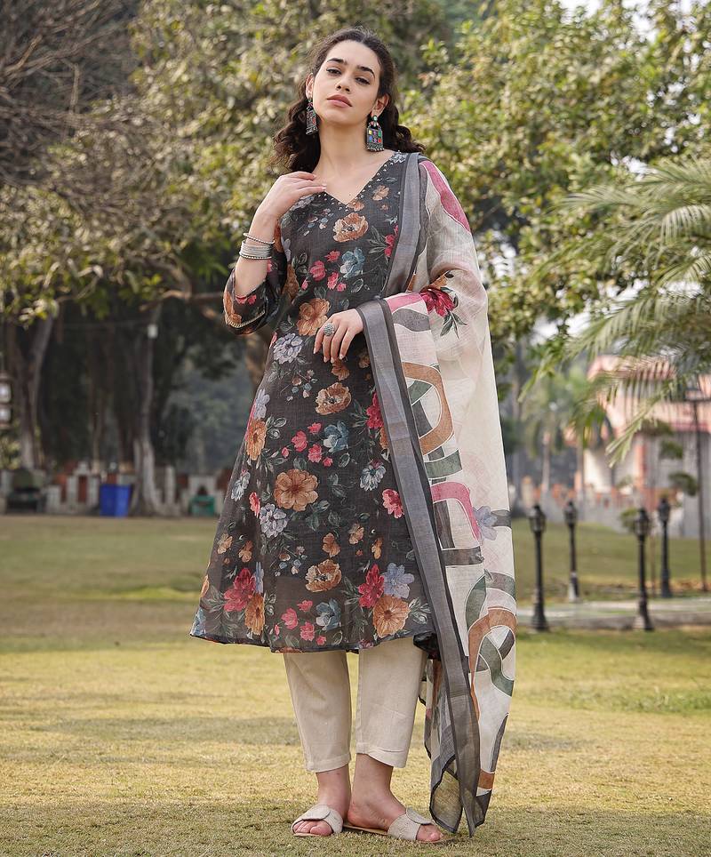 military green floral print lilen a line have a lining kurta trouser dupatta set