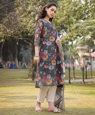 military green floral print lilen a line have a lining kurta trouser dupatta set 2