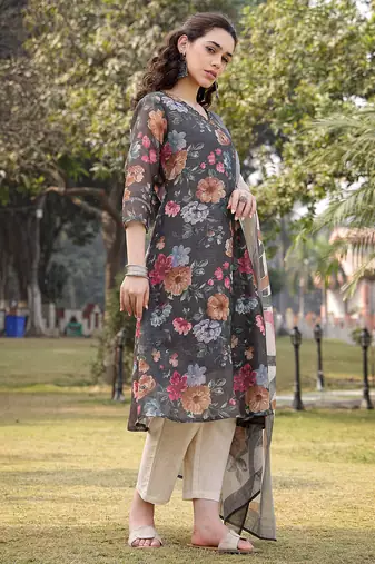 military green floral print lilen a line have a lining kurta trouser dupatta set