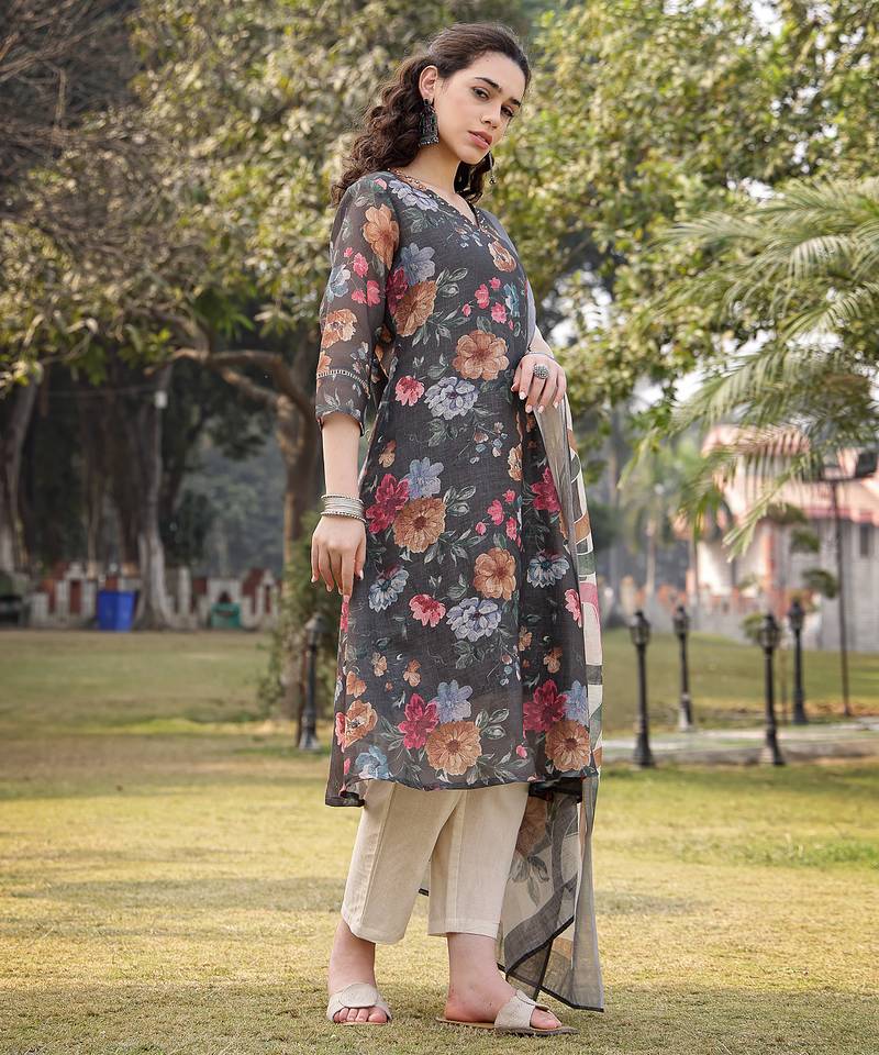 military green floral print lilen a line have a lining kurta trouser dupatta set