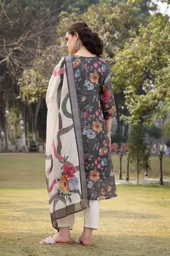 military green floral print lilen a line have a lining kurta trouser dupatta set
