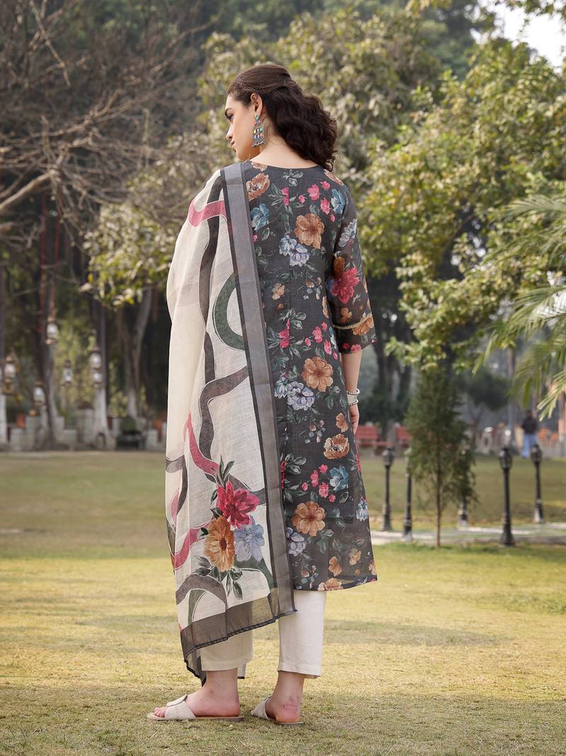 military green floral print lilen a line have a lining kurta trouser dupatta set