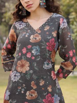 military green floral print lilen a line have a lining kurta trouser dupatta set 4