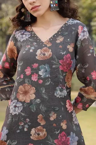 military green floral print lilen a line have a lining kurta trouser dupatta set