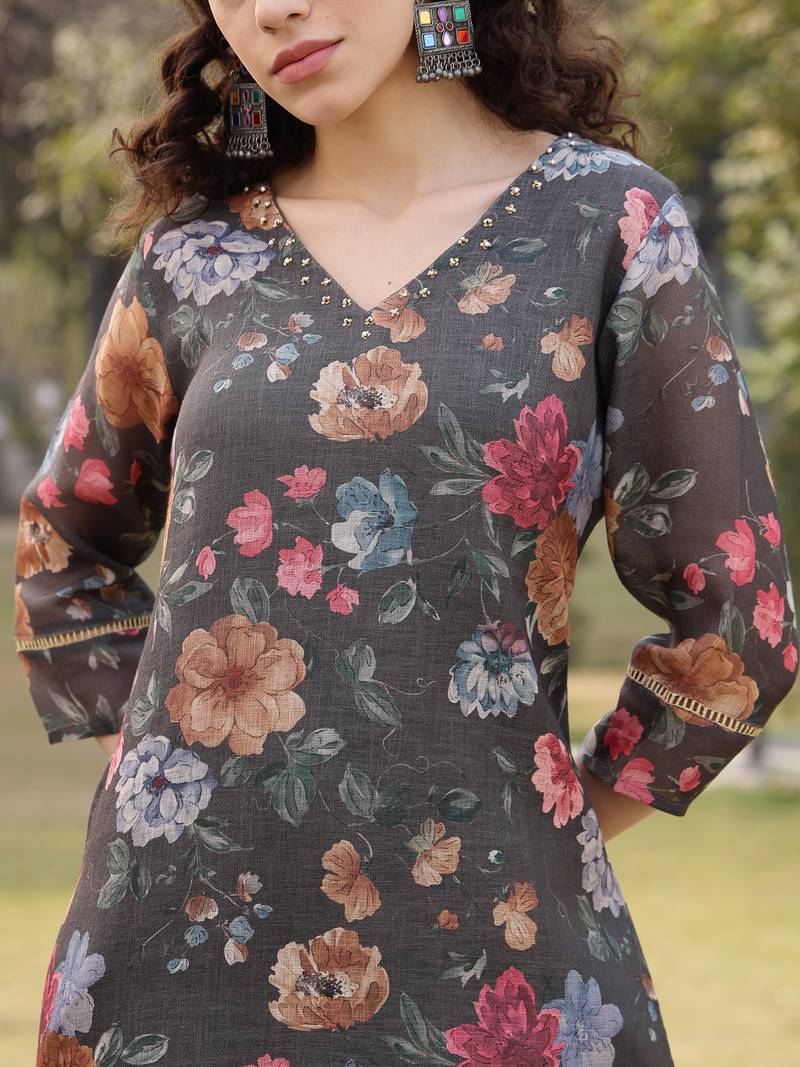 military green floral print lilen a line have a lining kurta trouser dupatta set